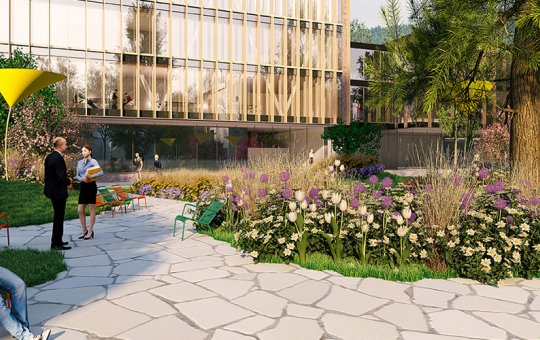 Blick vom Parkcafé auf den Neubau der Fachhochschule und dem neugestalteten Stadtpark.